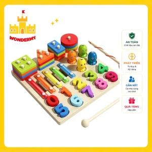 Bảng Đồ Chơi Gỗ Montessori WonderMy 5Trong1 - Bộ Học Số Đếm, Câu Cá Nam Châm, Đàn Gõ Âm Nhạc & Xếp Hình Khối